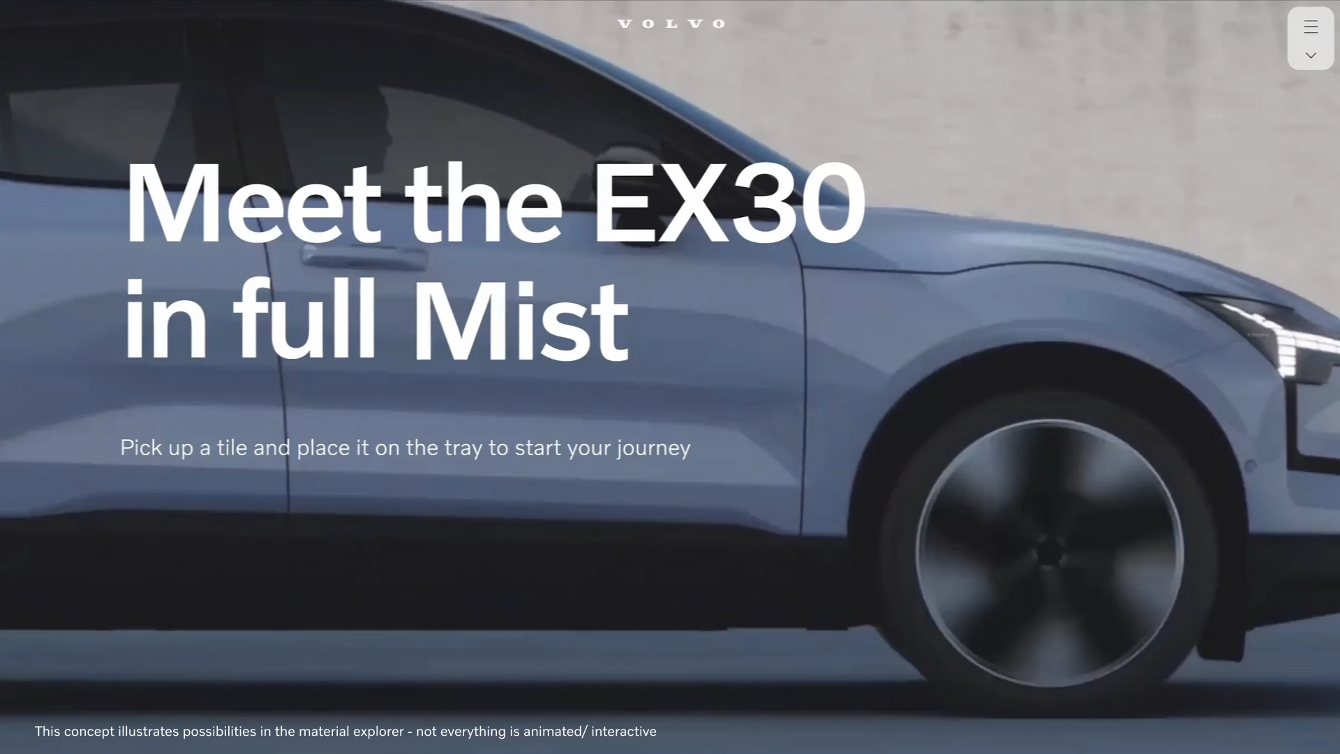 Volvo EX30 Material Explorer with car interiors and exterior configuration screens