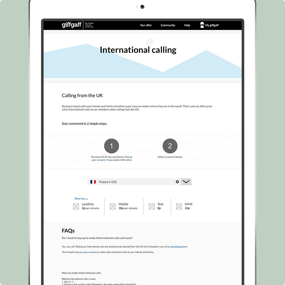 giffgaff Roaming tablet wireframes