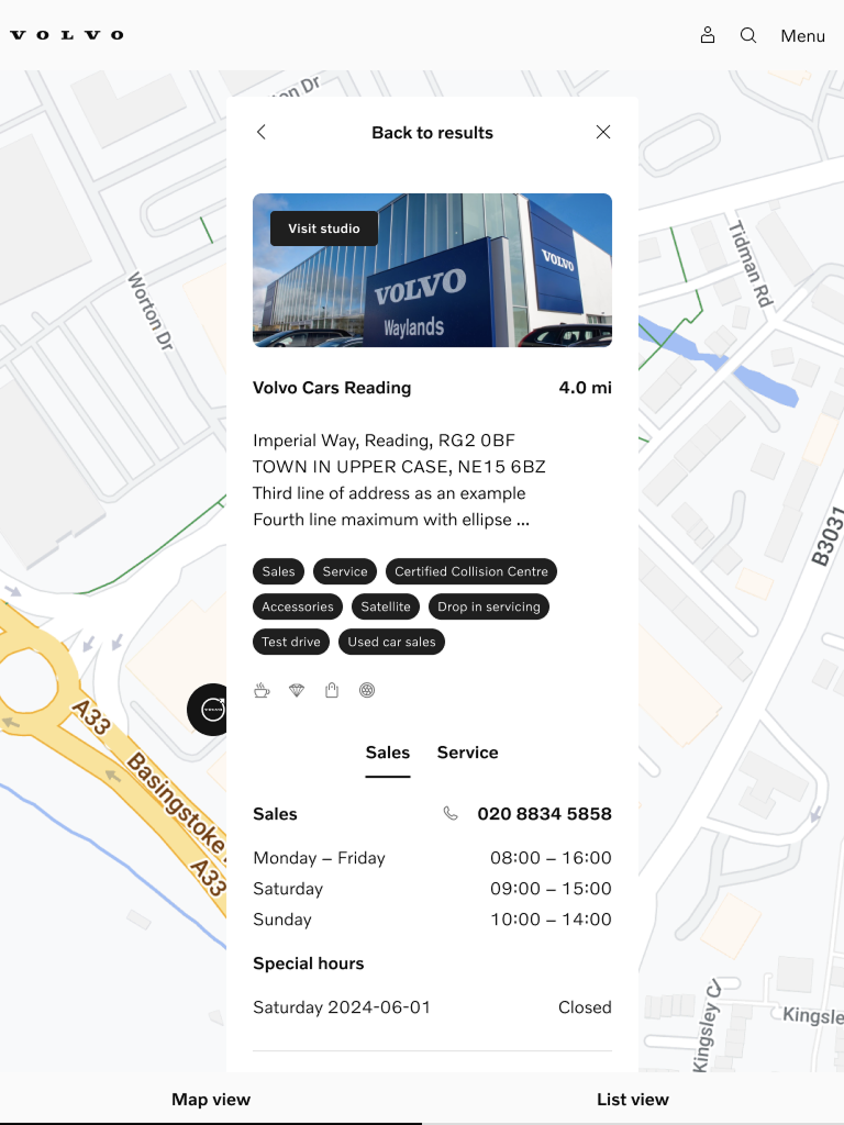 Volvo retailer locator card and map design